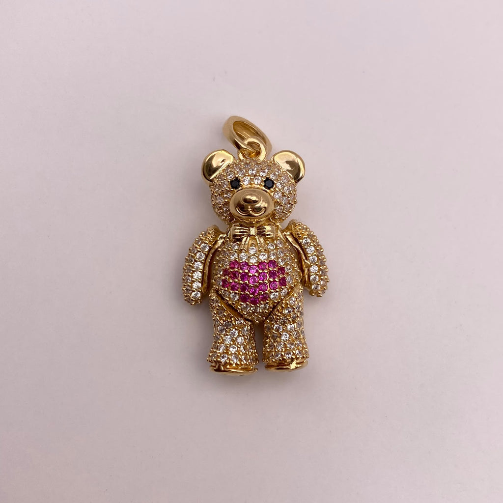 Dije Oso articulado circones blancos corazon fucsia Oro amarillo 18k 8,81 Gr / 18,2 mm / 3,4 Cm
