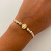 Pulsera tejida Virgen Guadalupe bolas diamantadas 4mm beige Oro amarillo 18k 0,6 Gr