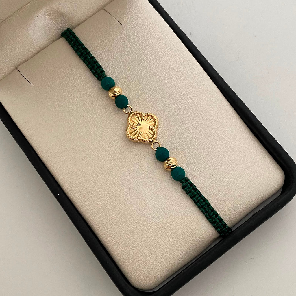 Pulsera tejida Trebol Diamantado bolas diamantadas 5mm verde Oro amarillo 18k 0,95 Gr