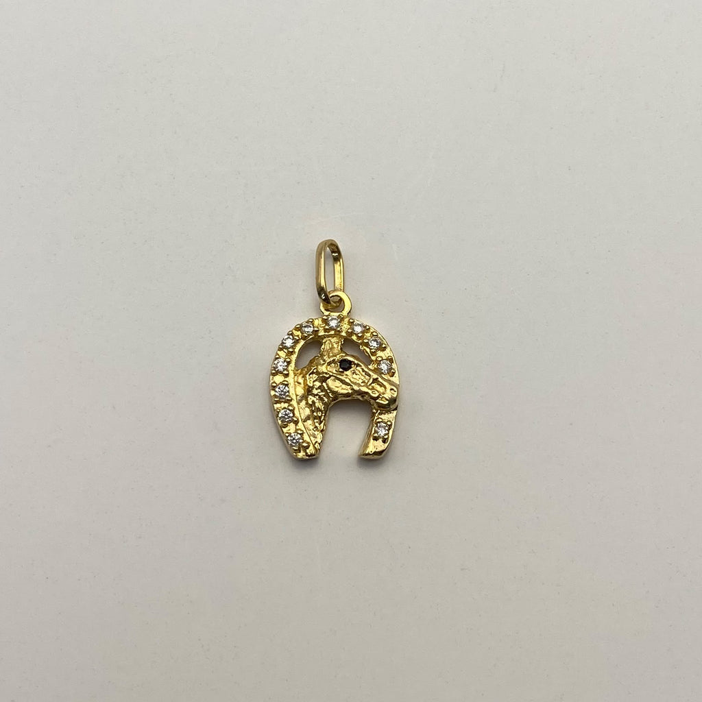 Dije Herradura y caballo Casting Blanco Oro amarillo 18k 1,85 Gr / 11,7 mm / 2 Cm