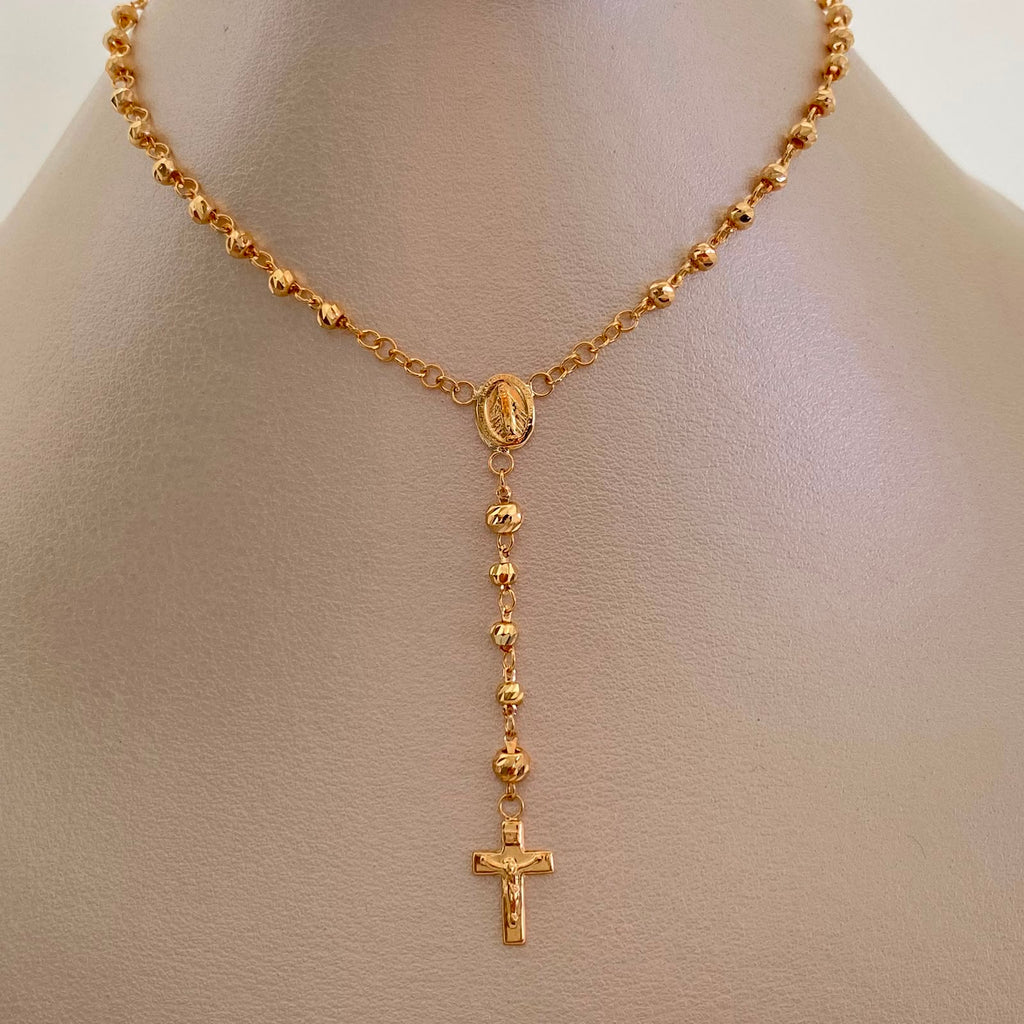 Rosario Virgen Milagrosa Cruz Oro amarillo 18k 7,10 Gr / 3,2 mm / 50 Cm Broche 0,30