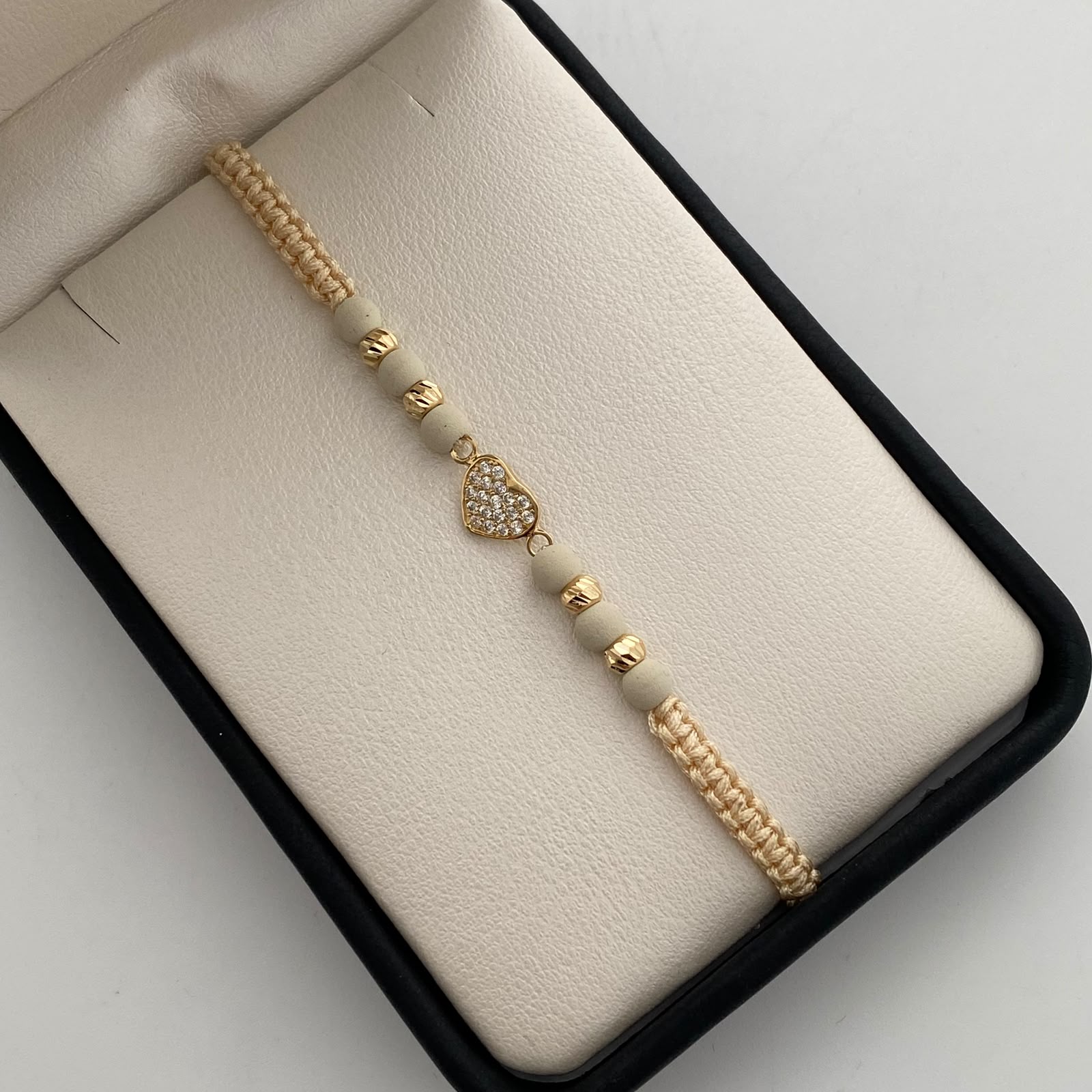 Pulsera tejida Corazon Casting Blanco Bolas diamantadas 4mm Oro amarillo 18k 0,85 Gr