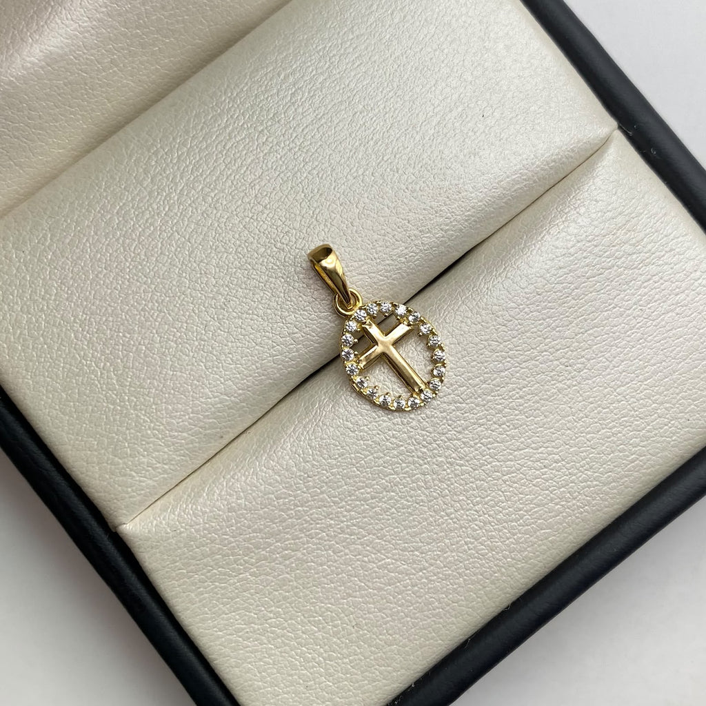 Dije  silueta cruz central circones blancos Oro amarillo 18k 0,7 Gr / 9,35 mm / 2 Cm