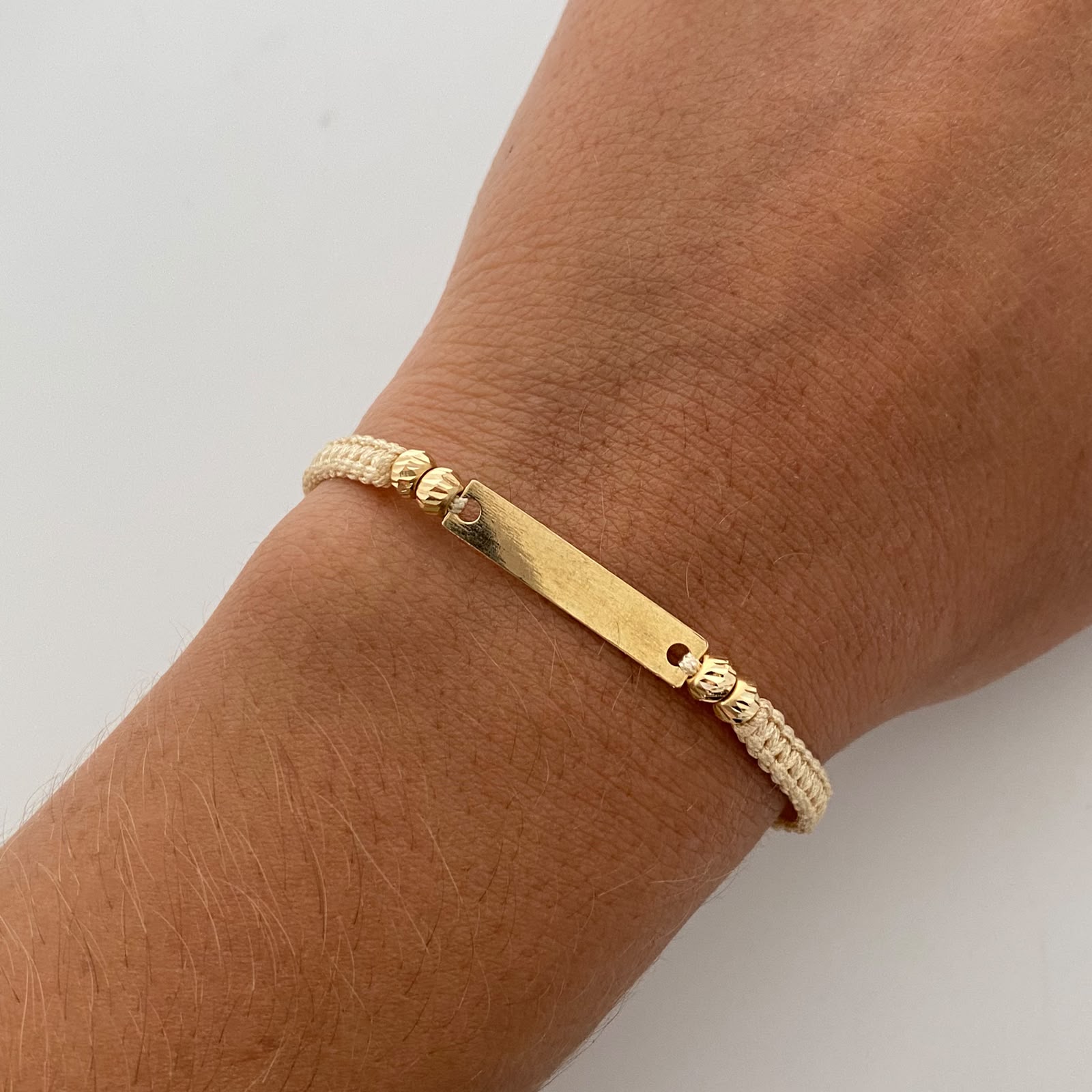 Pulsera tejida Placa Bola Diamantada 4mm beige Oro amarillo 18k 0,6 Gr