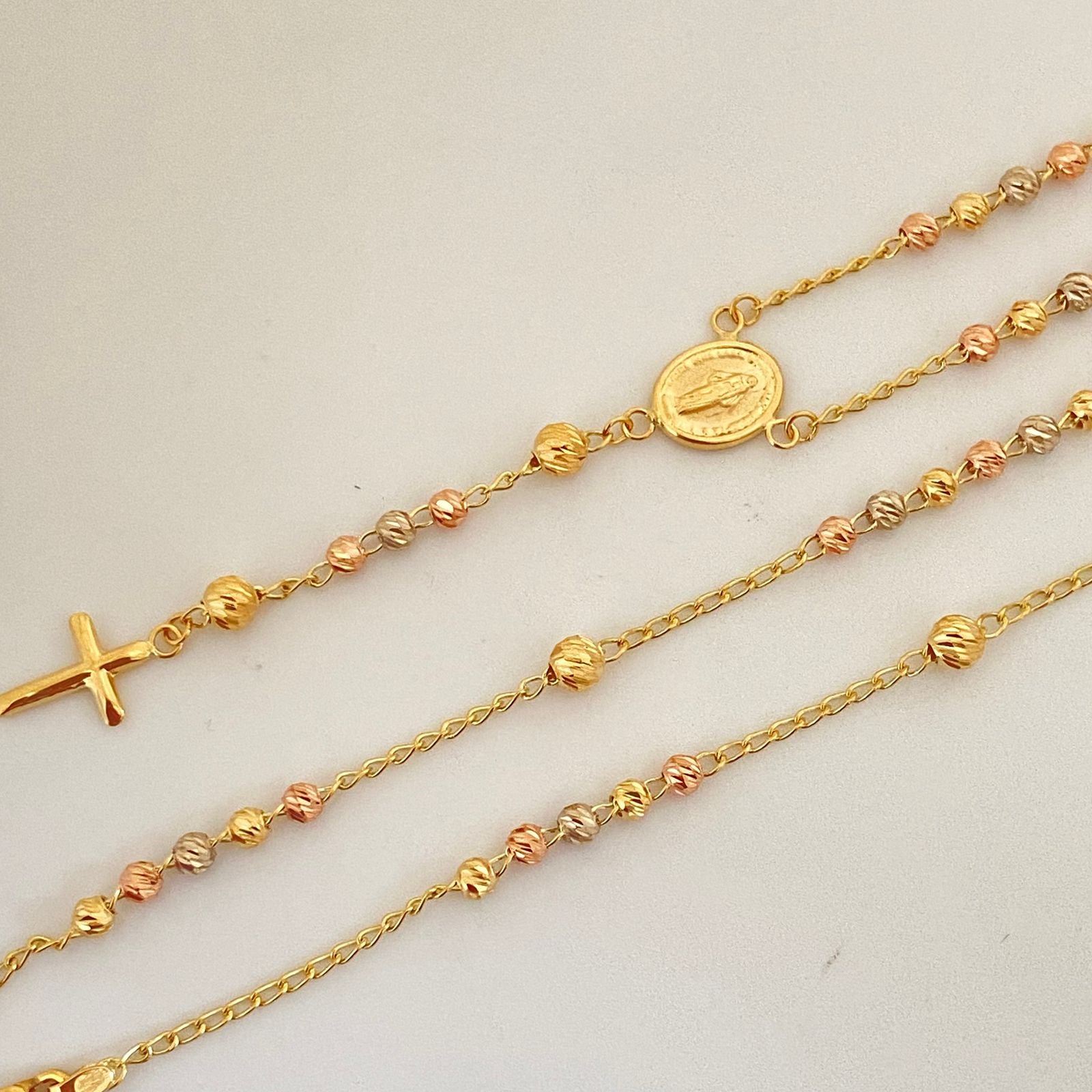 Rosario virgen milagrosa con bolas diamantadas  Tres oros 18k 7,40 Gr / 3 mm / 45 Cm Broche 0,40