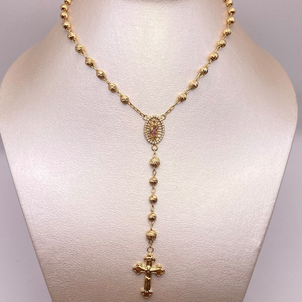 Rosario bola diamantada 4 y 5 virgen guadalupe circones multicolor Oro amarillo 18k 10,78 Gr / 60 Cm