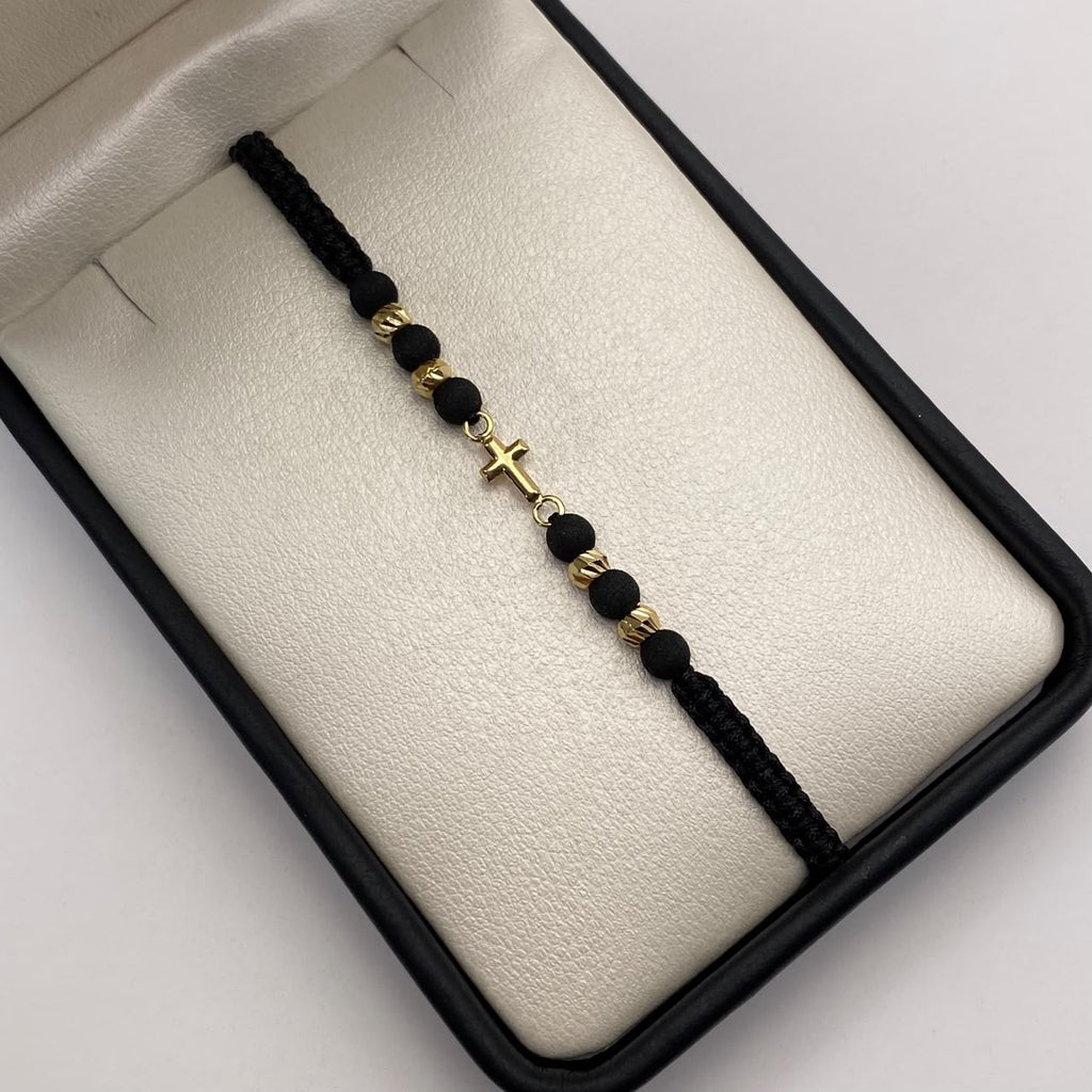 Pulsera tejida Herraje cruz lisa bolas diamantadas 4mm hilo negro Oro amarillo 18k 0,45 Gr