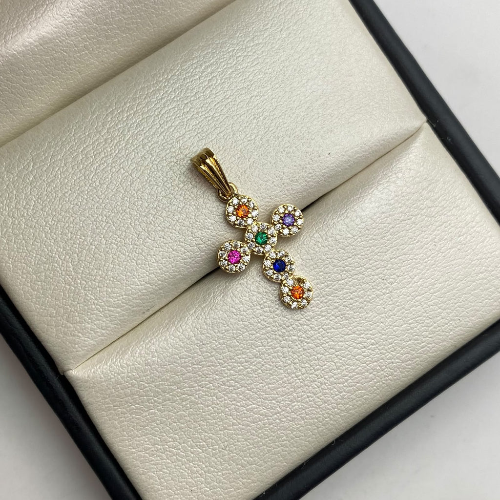 Dije cruz circulos circones multicolor Oro amarillo 18k 1,65 Gr / 14,55 mm / 2,5 Cm