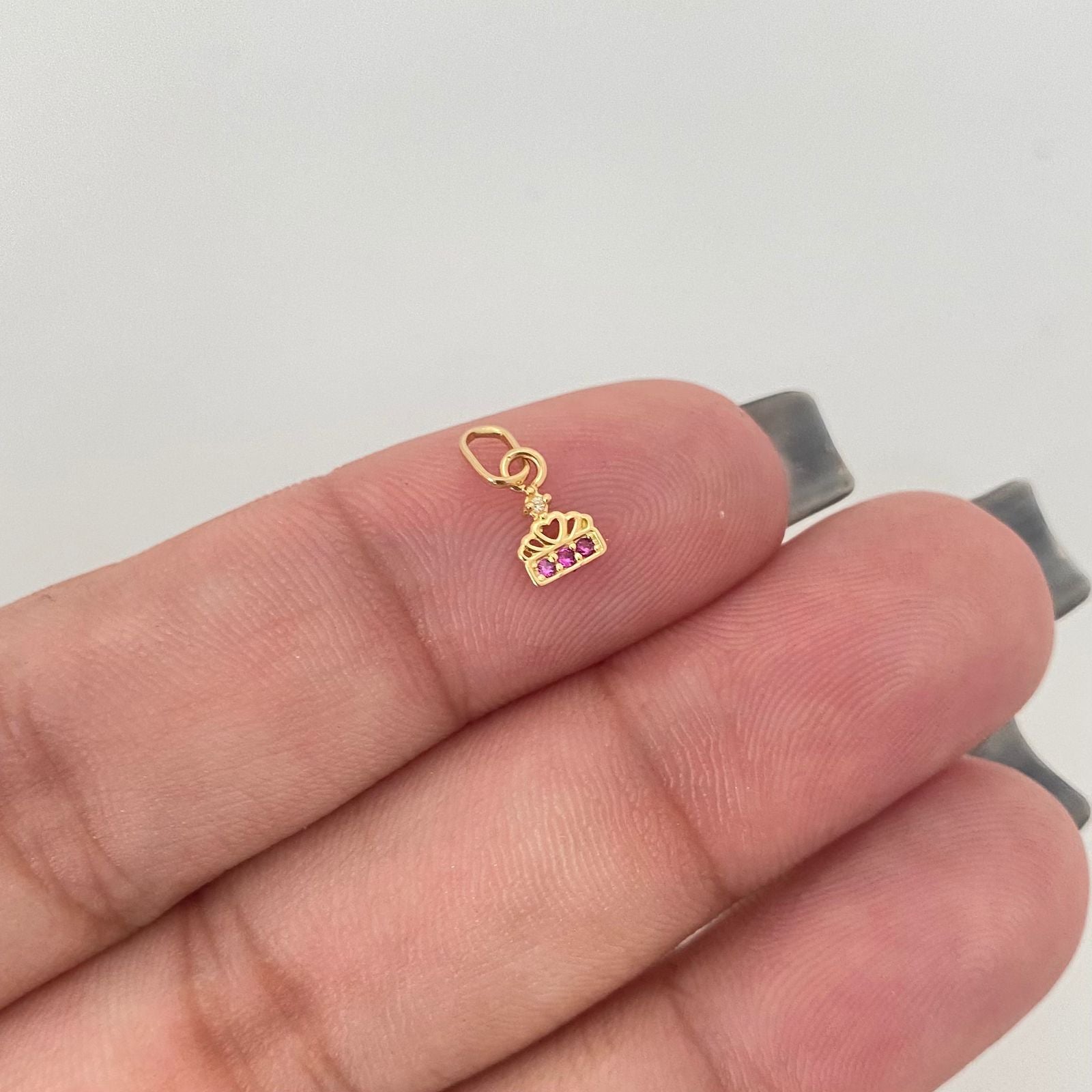 Dije mini corona centro corazon circones fucsias Oro amarillo 18k 0,25 Gr / 1,0 Cm