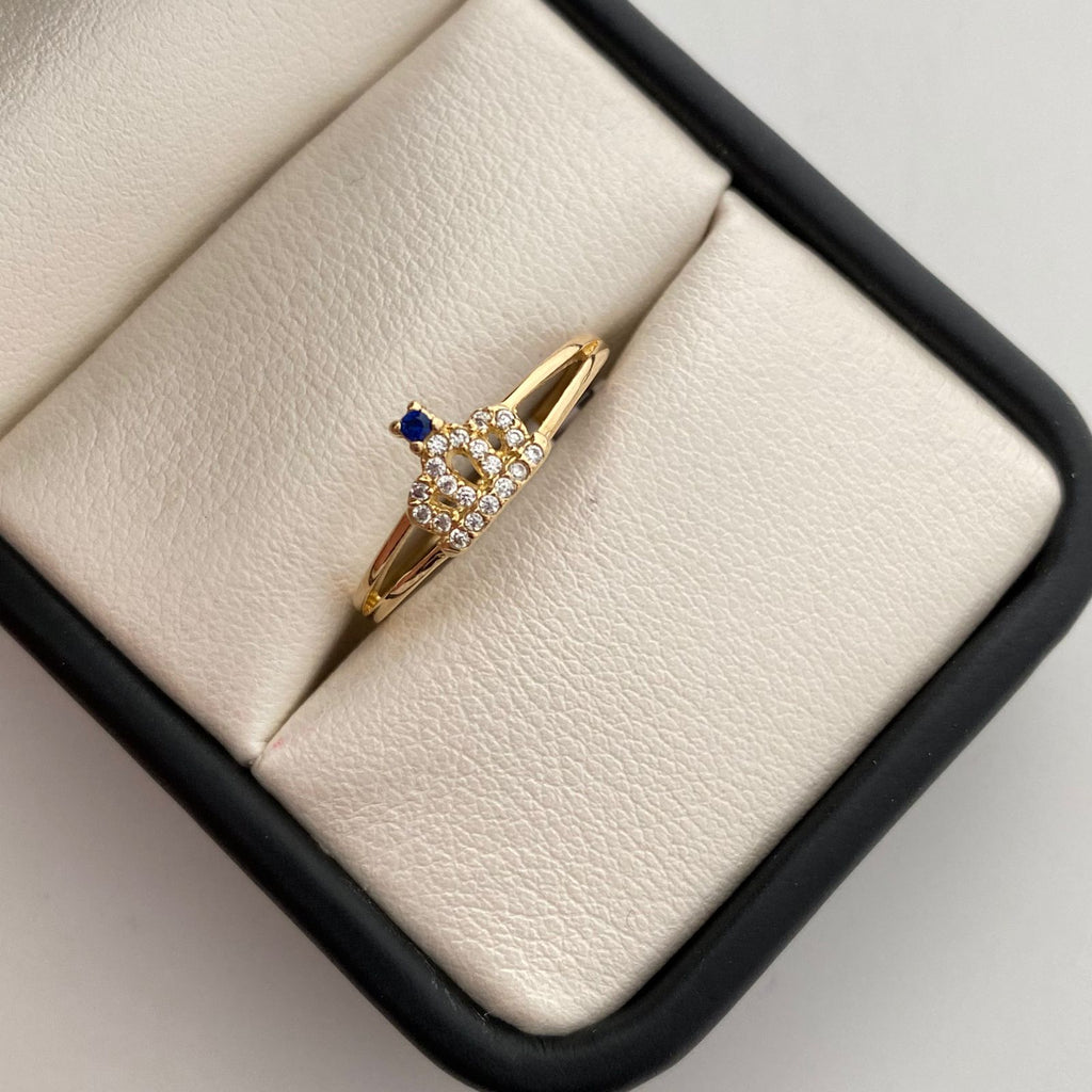 Anillo corona reina con circon blanco y azul  Oro amarillo 18k / Talla 6 3/4 / 2,05 Gr