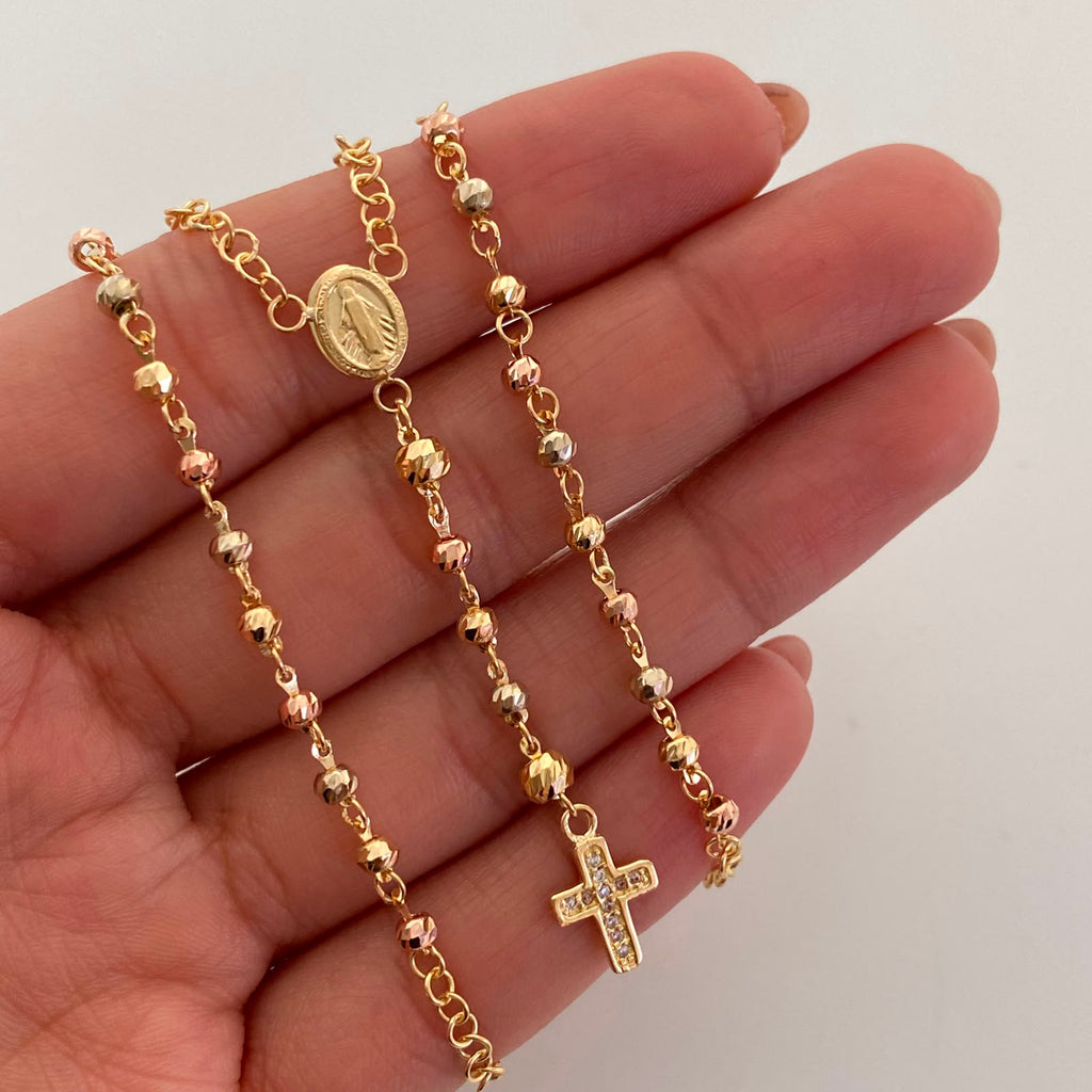 Rosario Virgen Milagrosa Cruz Casting Tres oros 18k 7,65 Gr / 3,2 mm / 50 Cm Broche 0,30