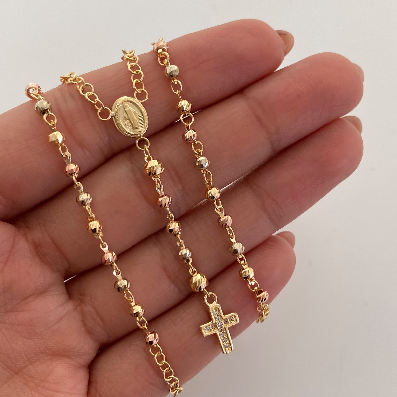 Rosario Virgen Milagrosa Cruz Casting Tres oros 18k 8,05 Gr / 3,2 mm / 60 Cm Broche 0,30