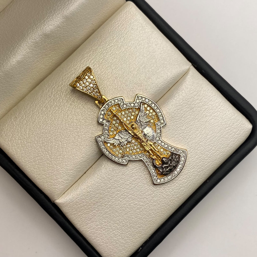 Dije san miguel arcangel circones blancos Oro amarillo y Oro blanco 18k 9,5 Gr / 22,75 mm / 4,5 Cm