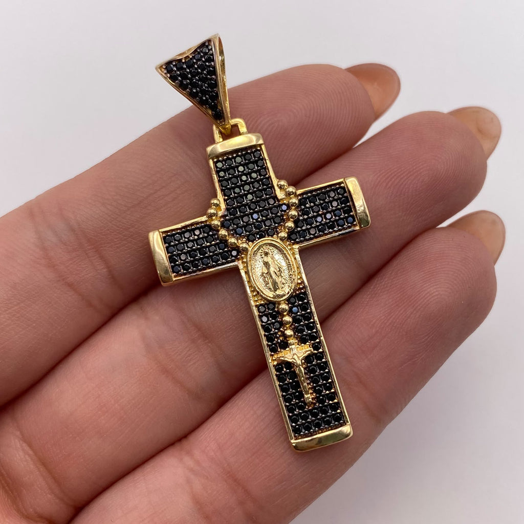 Dije cruz virgen milagrosa circones negros Oro amarillo 18k 7,45 Gr / 25,7 mm / 5 Cm