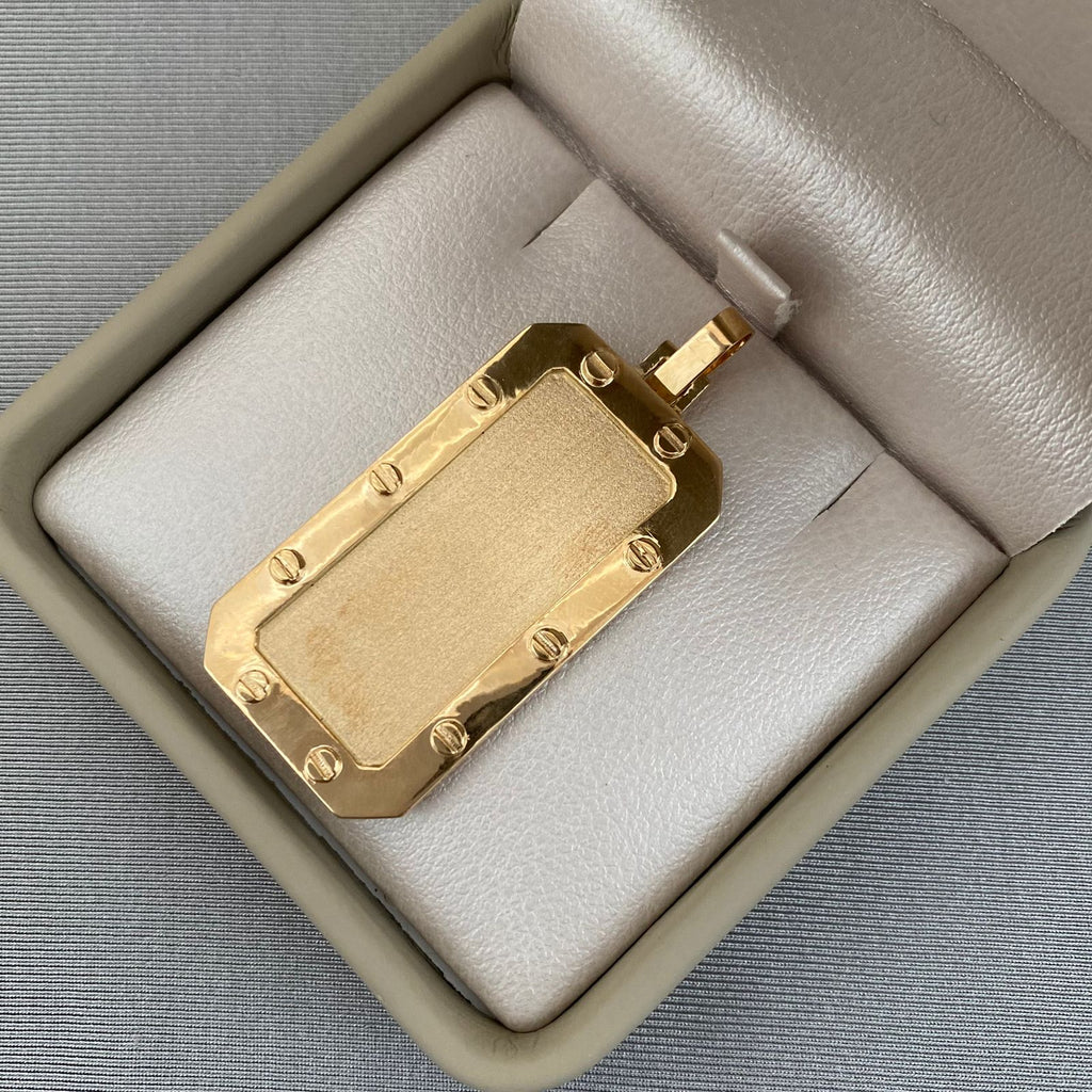 Dije placa borde grabado sello personalizada (POR FABRICACION) Oro amarillo 18k 17,0 Gr / 8,0 Cm