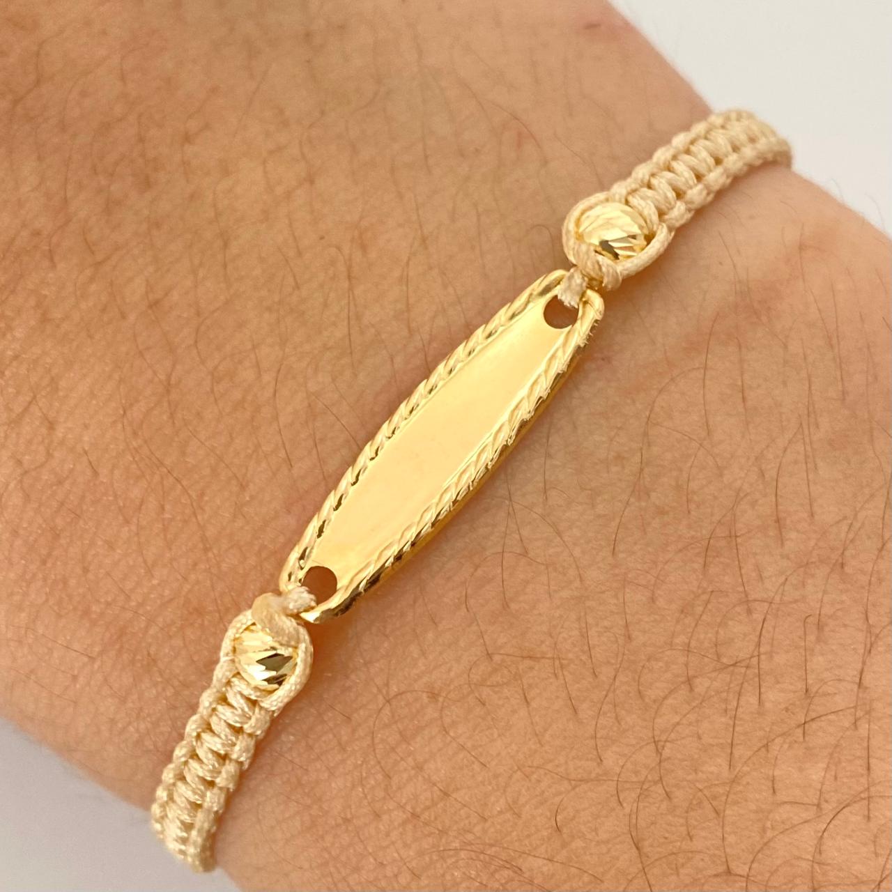 Pulsera tejida herraje placa balines diamantados #4 Oro amarillo 18k 0,55 Gr
