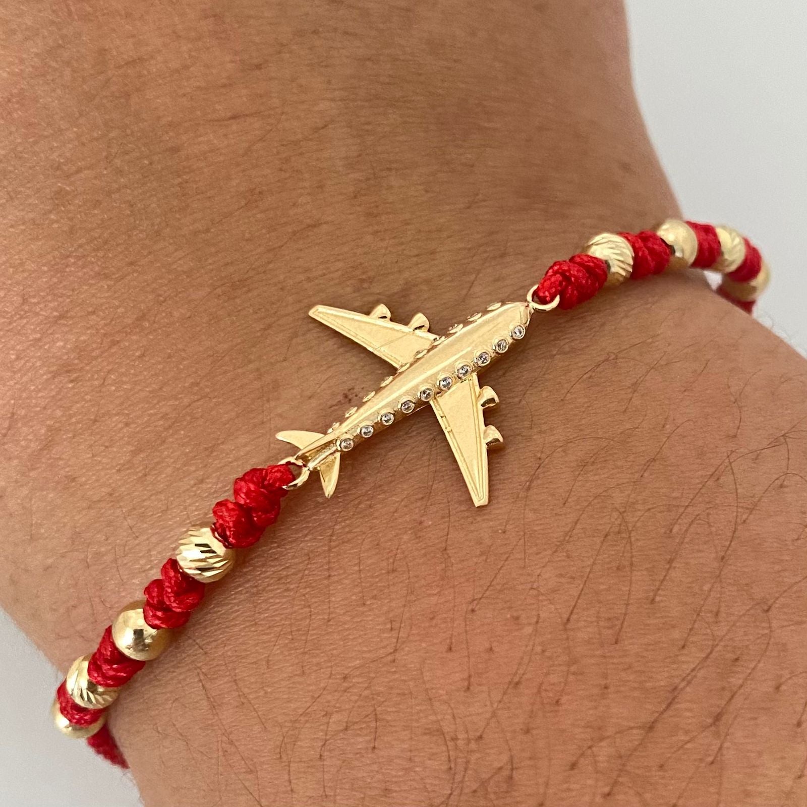 Pulsera tejida herraje avion balines lisos y diamantados #4 Oro amarillo 18k 2,0 Gr