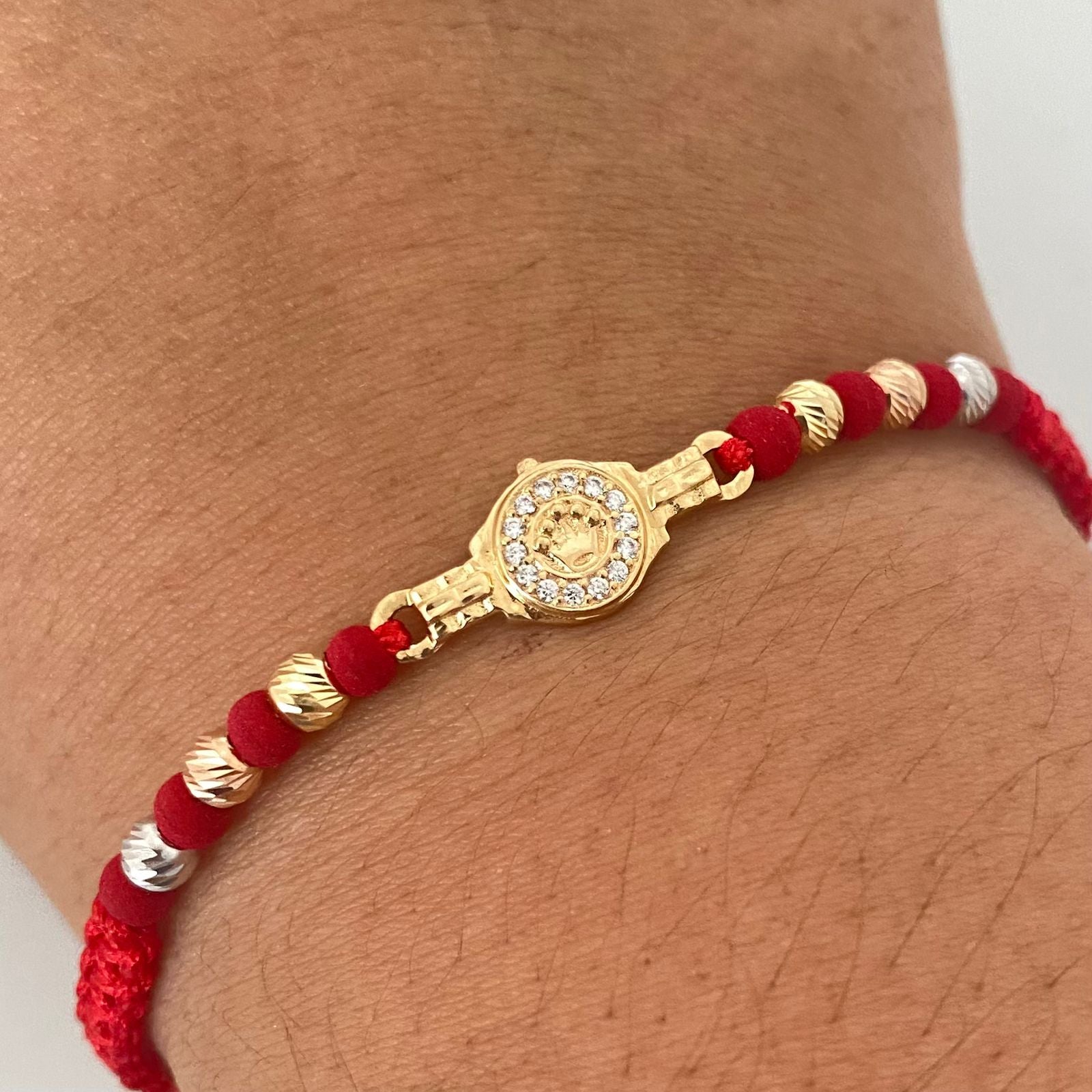 Pulsera tejida herraje corona rx balines diamantados #4 Oro amarillo 18k 1,75 Gr