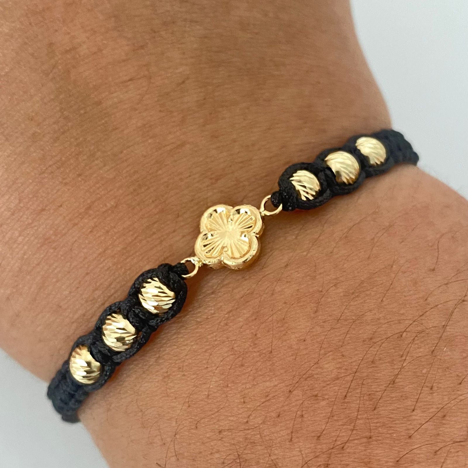 Pulsera tejida herraje trebol balines diamantados #5 Oro amarillo 18k 1,45 Gr