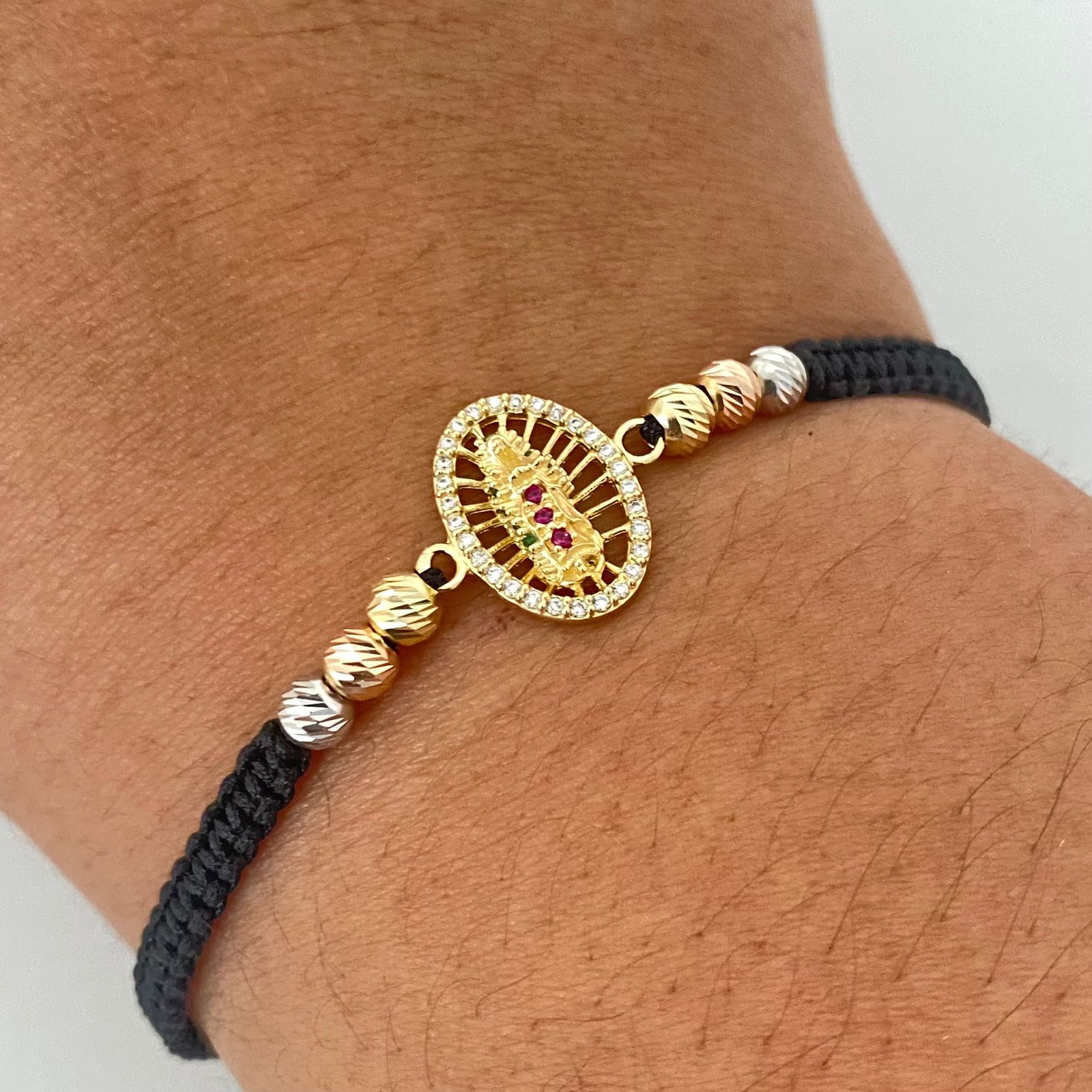 Pulsera tejida herraje virgen guadalupe balines diamantados #4 Tres oros 18k 1,85 Gr