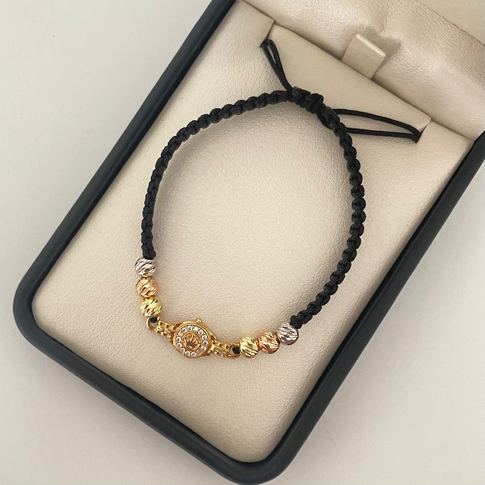 Pulsera tejida corona rx tipo reloj balines diamantados #5 Tres oros 18k 2,1 Gr