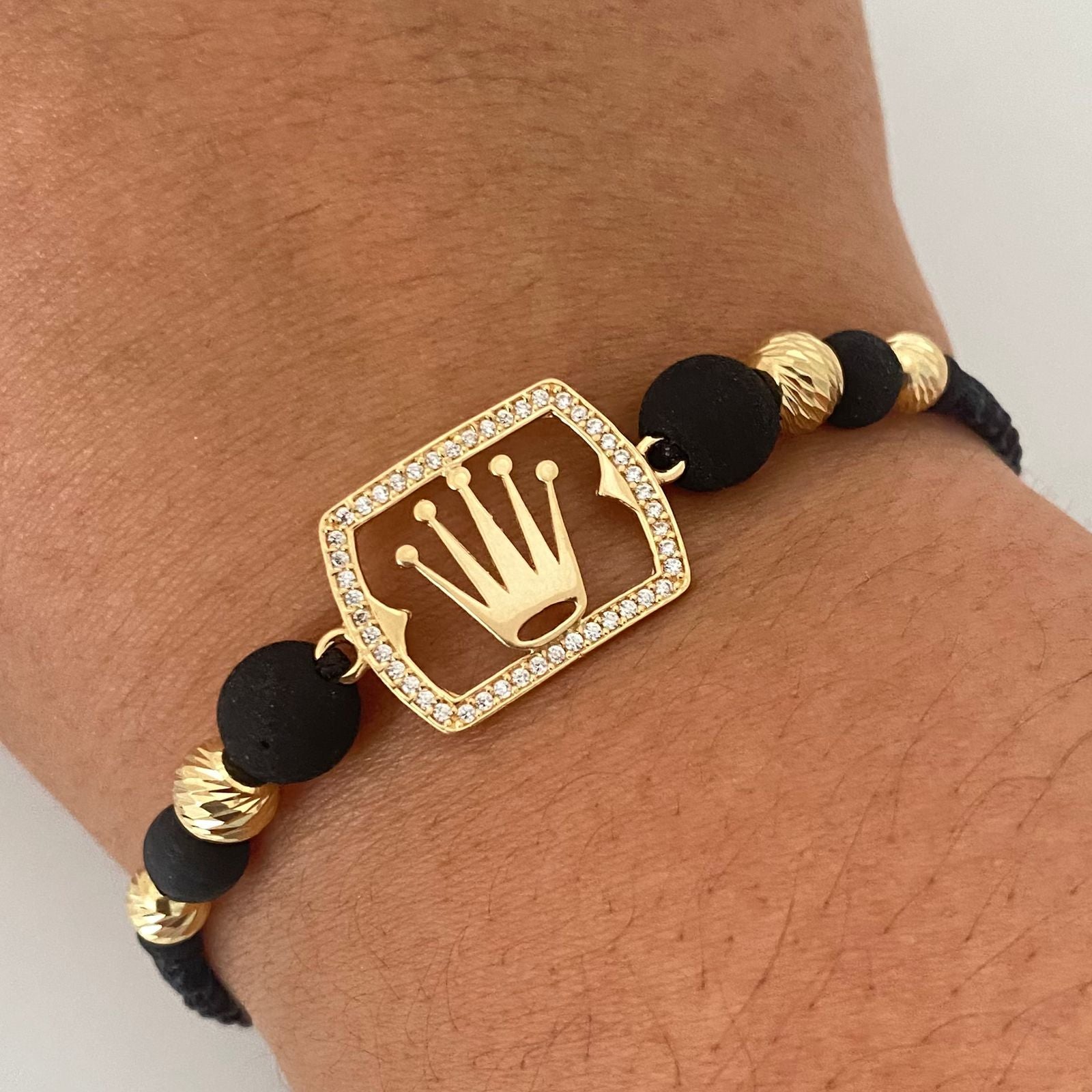 Pulsera tejida corona rx balines diamantados #6 y #5 Oro amarillo 18k 2,5 Gr