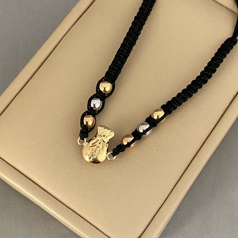 Pulsera tejida herraje bolsa dinero 6 bolas lisas #5 Tres oros 18k 1,5 Gr