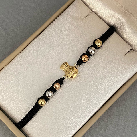 Pulsera tejida herraje bolsa dinero 6 bolas lisas #5 Tres oros 18k 1,5 Gr