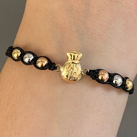 Pulsera tejida herraje bolsa dinero 6 bolas lisas #5 Tres oros 18k 1,5 Gr