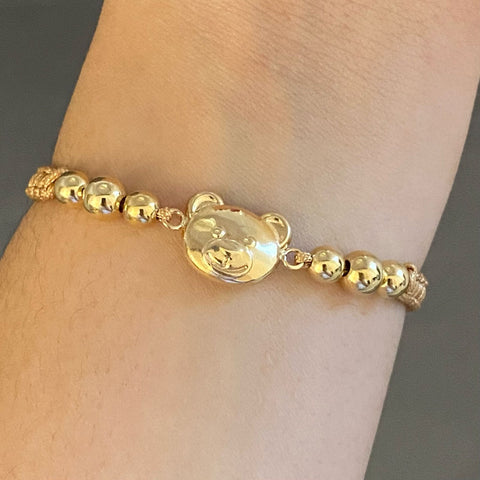 Pulsera tejida herraje oso 2 bolas lisas #6 y 4 #5 Oro amarillo 18k 2,15 Gr