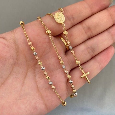 Rosario virgen milagrosa balines diamantados #3 Tres oros 18k 9,00 Gr / 50 Cm  Broche 0,60