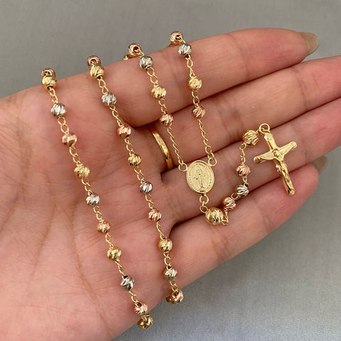 Rosario virgen milagrosa balines diamantados #4 y #5 Tres oros 18k 12,70 Gr / 62 Cm  Broche 0,60