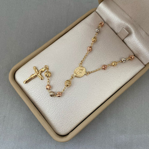 Rosario virgen milagrosa balines diamantados #4 y #5 Tres oros 18k 12,70 Gr / 62 Cm  Broche 0,60