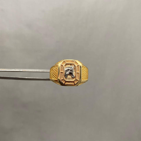 Anillo centro rectangular relieve caballo Tres oros 18k / Talla 10 1/4 / 7,95 Gr