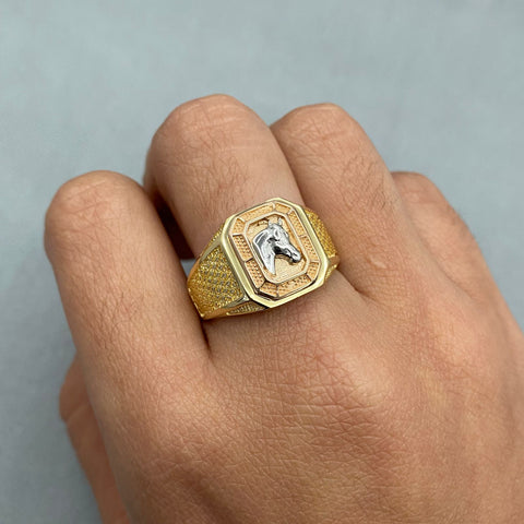 Anillo centro rectangular relieve caballo Tres oros 18k / Talla 10 1/4 / 7,95 Gr