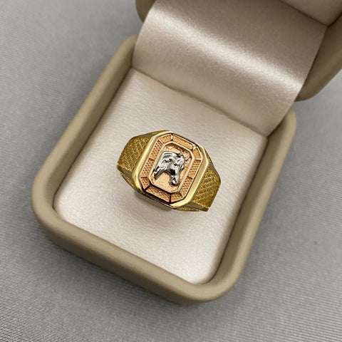 Anillo centro rectangular relieve caballo Tres oros 18k / Talla 10 1/4 / 7,95 Gr