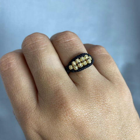 Anillo tejido balines diamantados #3 graduable  Oro amarillo 18k / Talla 6 / 0,5 Gr