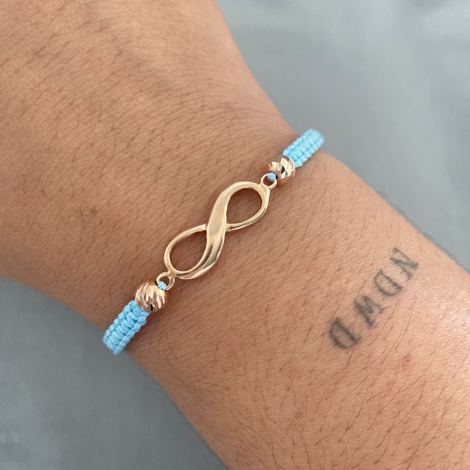 Pulsera tejida herraje infinito y balines diamantados #5 Oro rosa 18k / 1,75 Gr