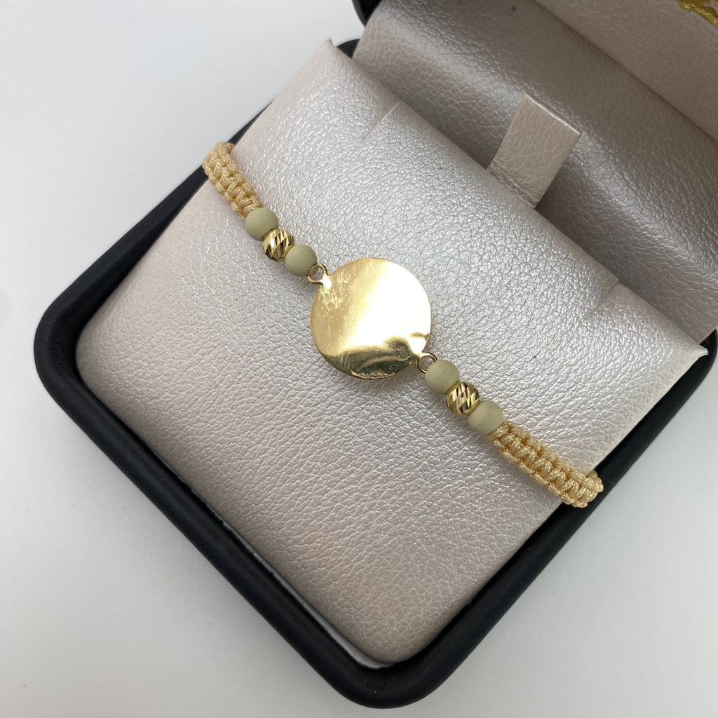 Pulsera tejida herraje placa redonda balines diamantados #4 Oro amarillo 18k / 1,35 Gr