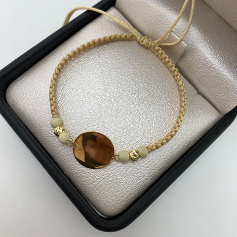 Pulsera tejida herraje placa redonda balines diamantados #4 Oro amarillo 18k / 1,35 Gr