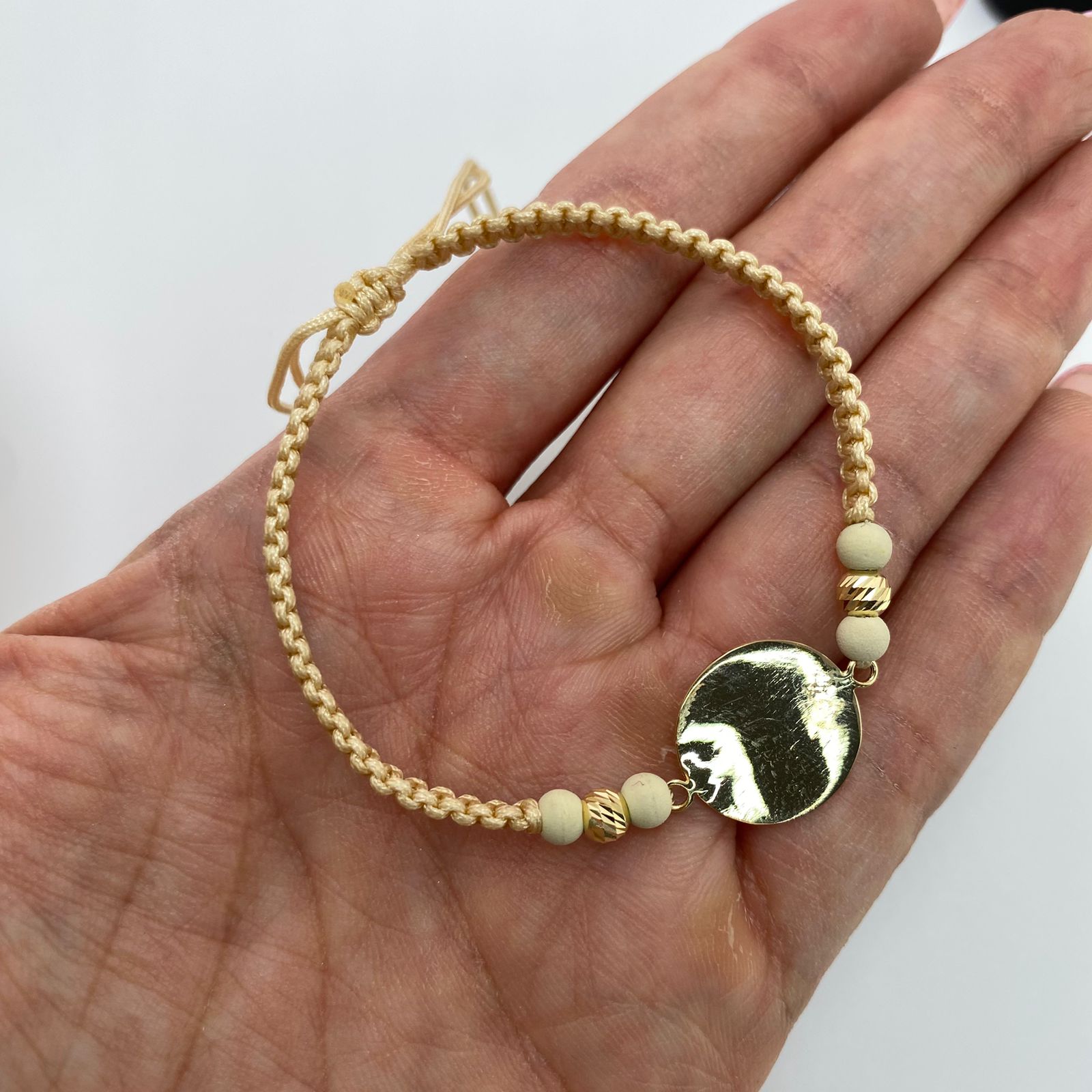 Pulsera tejida herraje placa redonda balines diamantados #4 Oro amarillo 18k / 1,35 Gr