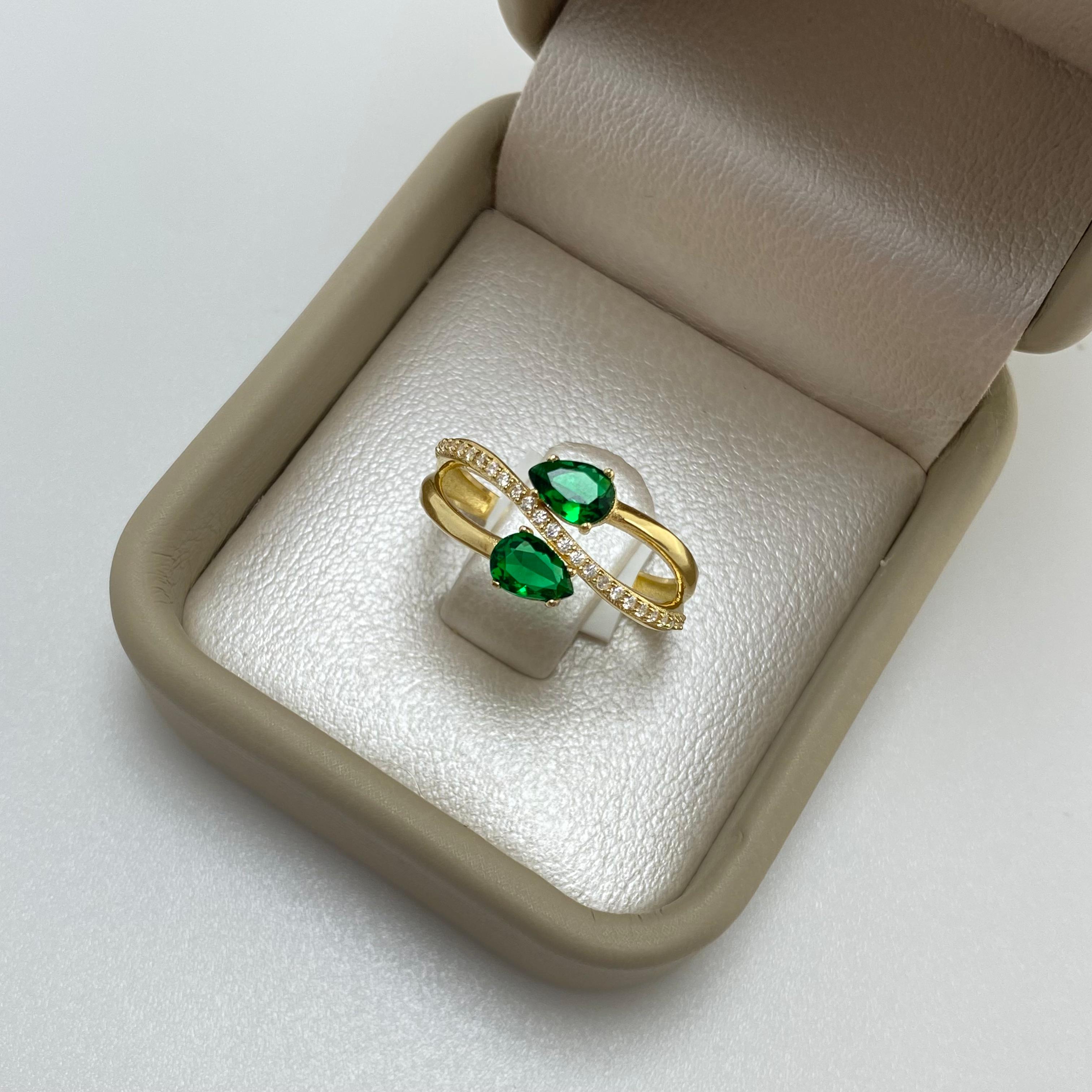 Anillo tu y yo circones verdes franja casting Oro amarillo 18k / Talla 7 1/4 / 2,5 Gr
