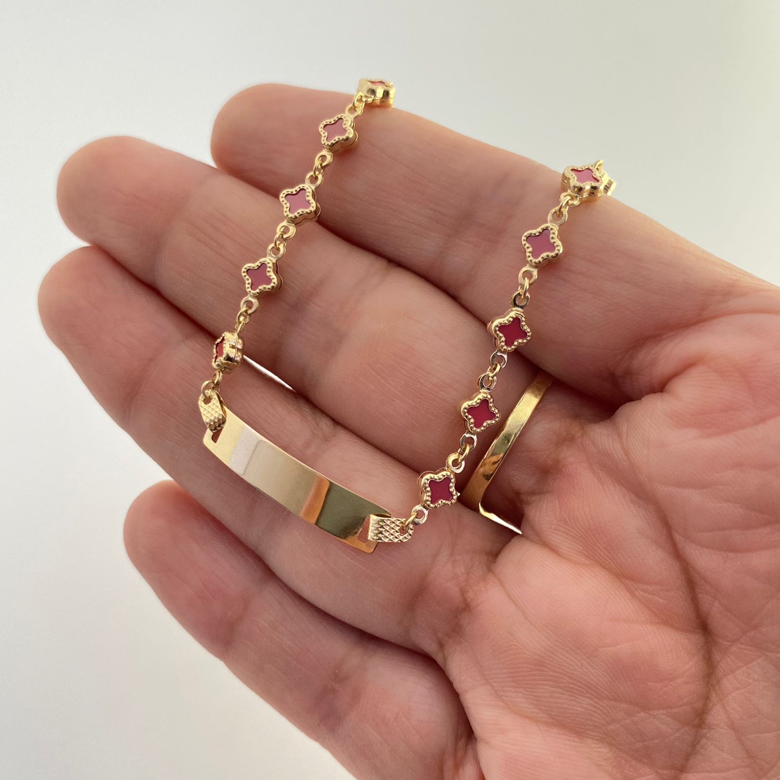 Pulso It bebé placa tejido trebol fondo rojo Oro amarillo 18k +3 / 2,9 Gr / 15 Cm