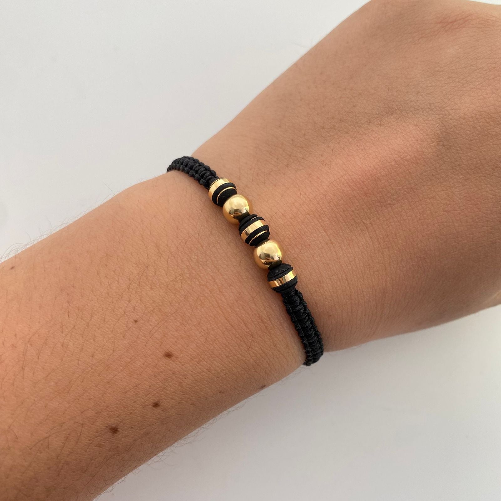 Pulsera tejida balines lisos #6 y 3 neoros #5 3 rayas Oro amarillo 18k 0,4 Gr
