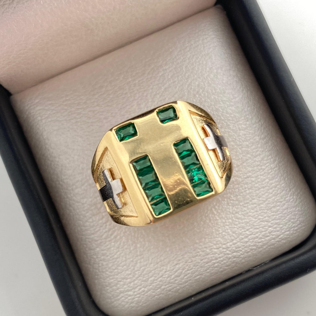 Anillo cruz lisa casting verde lateral  Oro amarillo 18k / Talla 11 / 6 Gr
