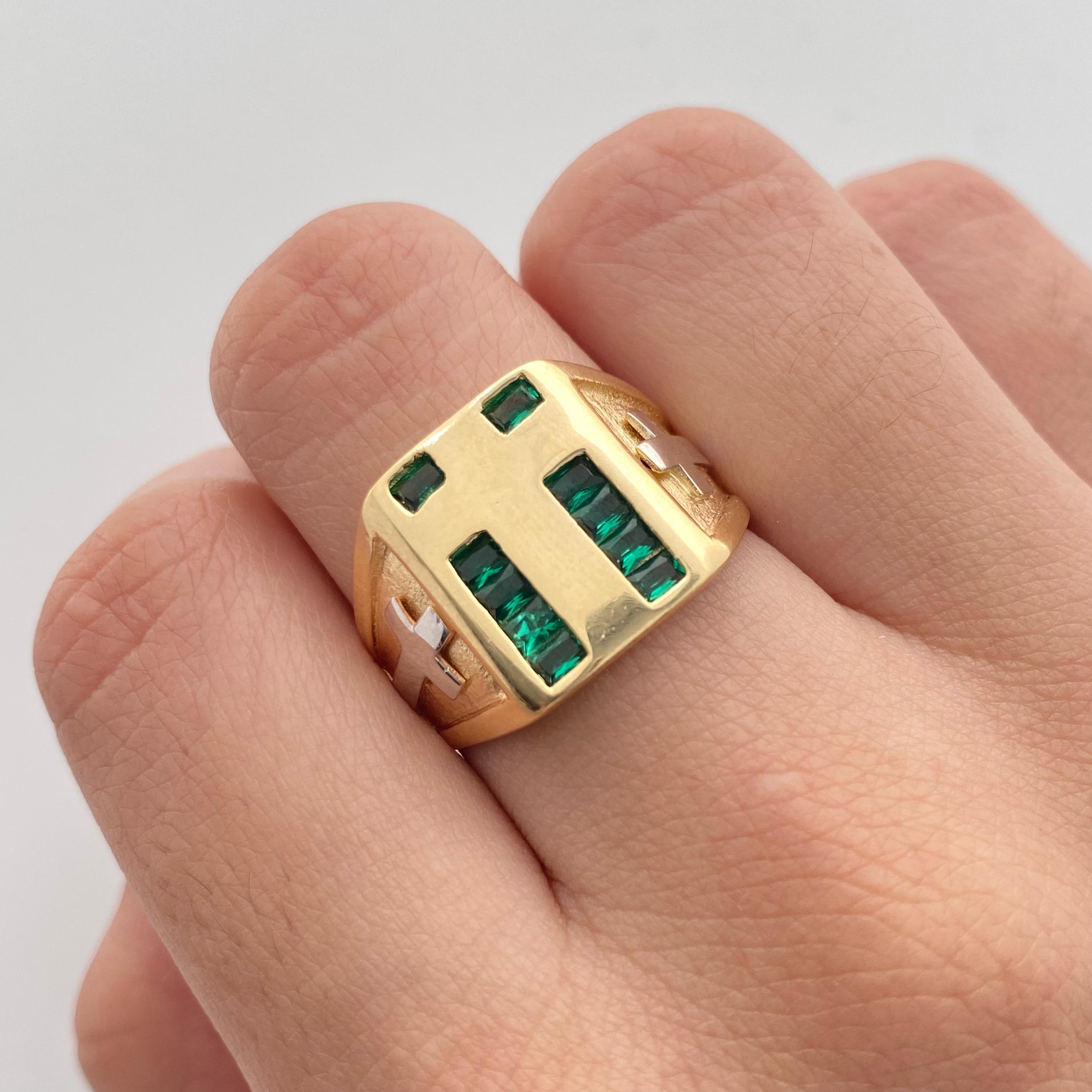 Anillo cruz lisa casting verde lateral  Oro amarillo 18k / Talla 11 / 6 Gr