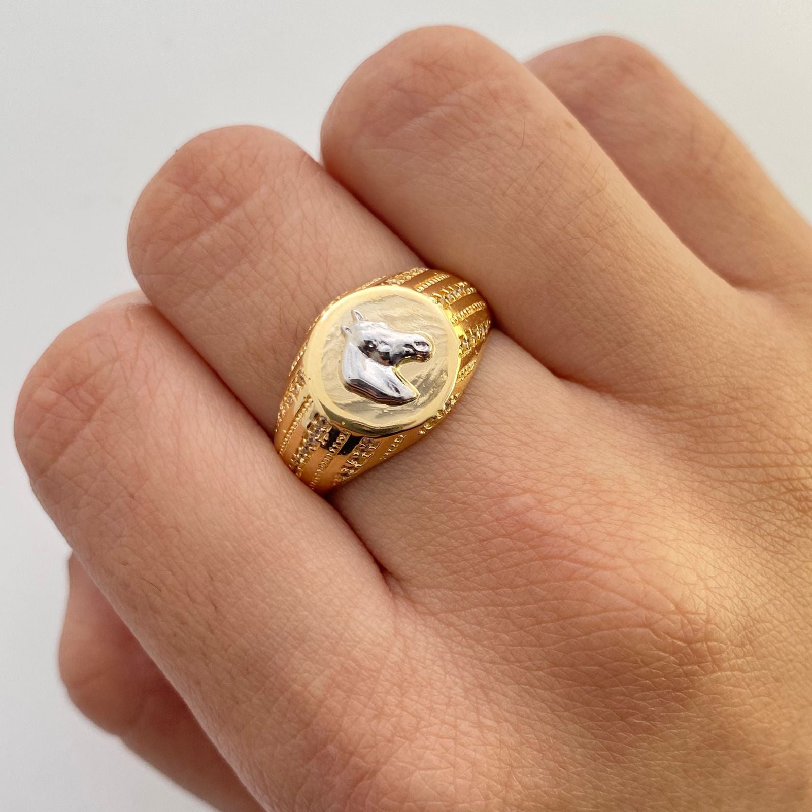 Anillo circulo caballo central casting y marcado  Oro amarillo y Oro blanco 18k / Talla 10 1/2 / 4,75 Gr