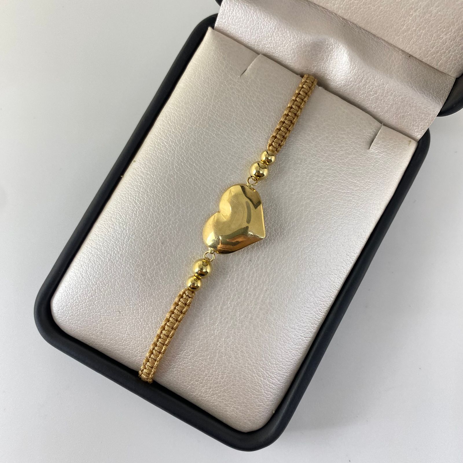 Pulsera tejida herraje corazon inflado y balines lisos #5 y #4 Oro amarillo 18k 1,7 Gr