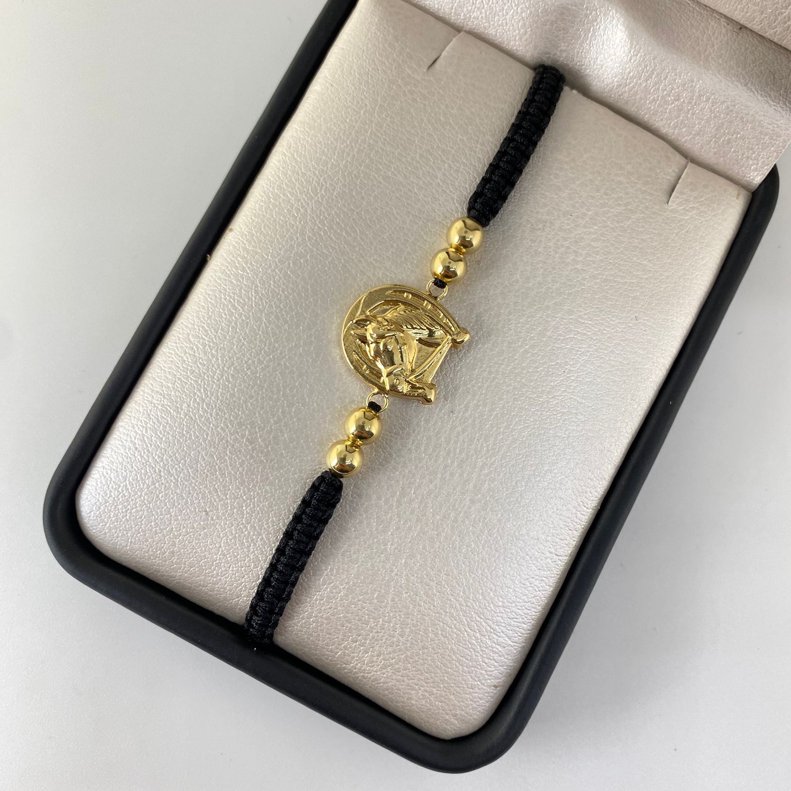 Pulsera tejida herraje caballo y balines lisos #5 Oro amarillo 18k 2,0 Gr