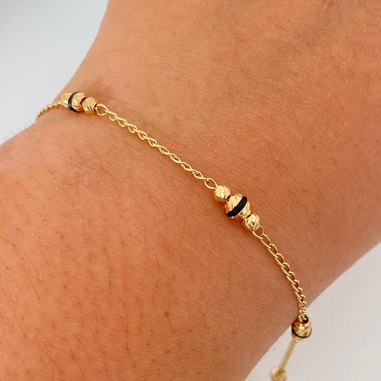 Pulso balines diamantados cauchos negros Oro amarillo 18k +1 / 2,55 Gr / 3,6 mm / 19 Cm Broche 0,40